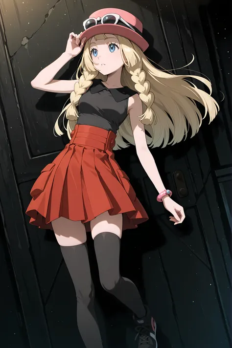 Lillie, blonde hair, long hair, blue eyes, seated. Dressed as Serena, sleeveless shirt, sleeveless black shirt, bracelet, high-waist skirt, red skirt, black thighhighs, sunglasses, pink hat, black sneakers.