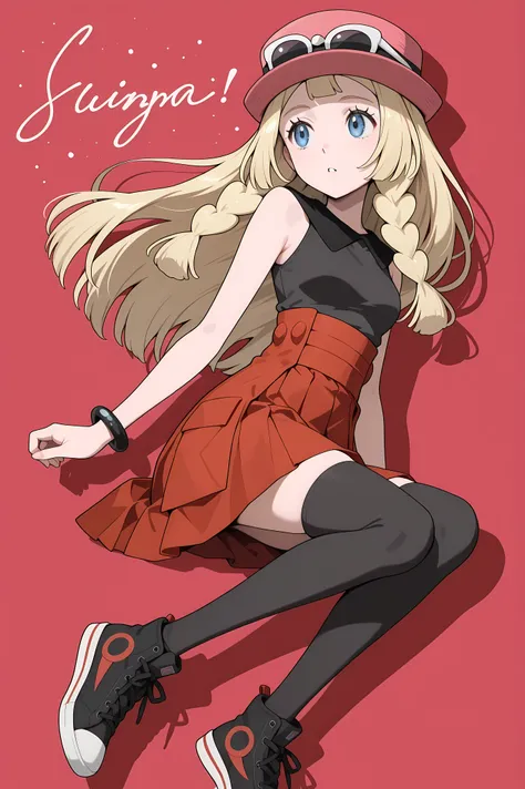 Lillie, blonde hair, long hair, blue eyes, seated. Dressed as Serena, sleeveless shirt, sleeveless black shirt, bracelet, high-waist skirt, red skirt, black thighhighs, sunglasses, pink hat, black sneakers.