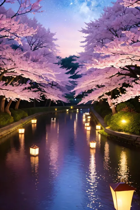 Fantastic Spring Night Scenery、Cherry Blossom Petals in Full Bloom Dance in the Wind、Soft Lantern Light Trees々Illuminate。The starry sky shines、Cherry Blossom Petals Floating on a Quiet River。an elegant and dreamy atmosphere、High precision in selection、fant...