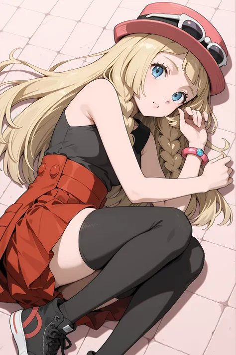 Lillie, blonde hair, long hair, blue eyes, seated. Dressed as Serena, sleeveless shirt, sleeveless black shirt, bracelet, high-waist skirt, red skirt, black thighhighs, sunglasses, pink hat, black sneakers.