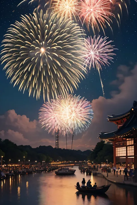 Summer festival scenery with colorful fireworks that spread out in the night sky。Fireworks light and people reflected on the riverside々Smile。Japanese-style lanterns and yukata patterns are beautifully drawn、fantastic and lively mood。high resolution、Delicat...