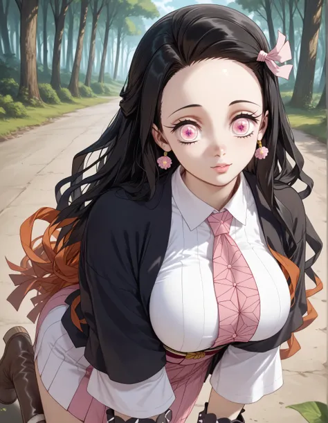 Angle Picado ( flat chopped boots): Hyperrealistic portrait anime style by Nezuko Kamado from Demon Slayer, seen from above with a slight drop, whole body slightly tilted towards the spectator. Young demonic girl, perfect body and delicate, huge breasts, C...