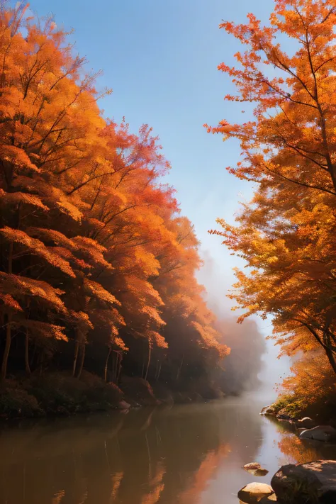 Deep in the forest、A tranquil autumn landscape with bright red autumn leaves reflected on the surface of the river swaying。Morning fog drifts 、Soft light brightly enhances the color of the leaves。mysterious and calm atmosphere、Detailed fantasy style art。