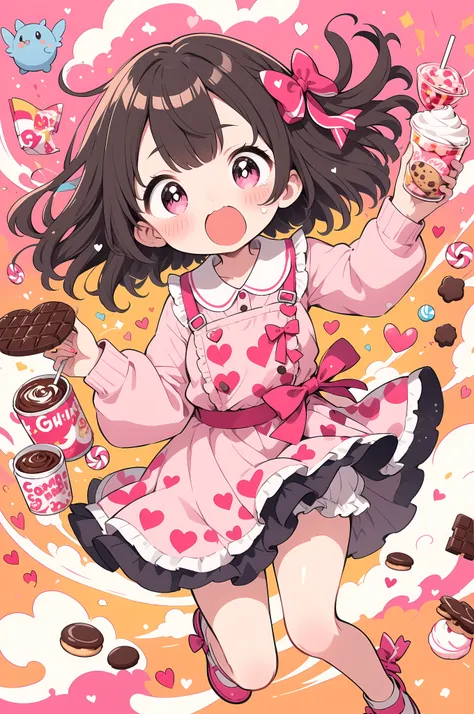 A charming anime-style illustration depicts a girl with enchanting pink eyes。Her hair complements her playful outfit with voluminous black hair adorned with heart-shaped pins and large ribbons。She wears a chocolate brown and cream frill dress。Reminiscent o...