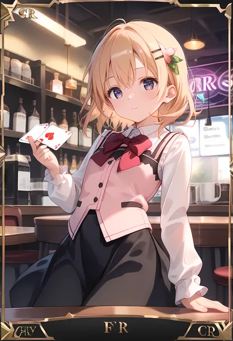 score_9, score_8_superior, score_7_superior, masterpiece, best quality, absurdres, high_fidelity, vibrant, sauce_anime, (rating_explicit:1.0), super detailed, Adorable,  (1girl frame in Trump card:1.5), ctiank0k0a, dress shirt, long sleeves, pink vest, bla...