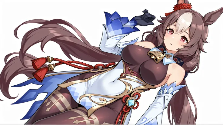 yamanin zephyr（Uma Musume）, Uma Musume, solo, [top quality], [Super beautiful CG], [Highly Detailed CG], [Super Detailed], [CG illustration], [high resolution], [extremely delicate and beautiful],  very detailed skin, Medium Breasts,  genshin ganyu cosplay...