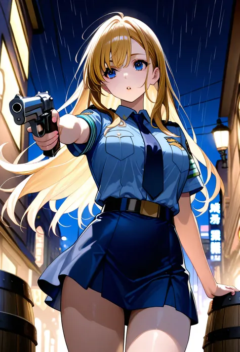 1 Female、American Beauty、Super beautiful、Facial beauty、blue eyes、Standing、New York Police Uniform、mini skirt、Golden Hair、Night Street、Backlight、The wind is blowing、it&#39;s raining、He is looking intently at the barrel of the gun.、Thigh-up shot、pointing pis...