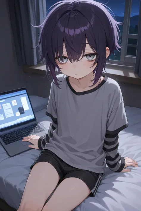 young boy, male, boy, small hips, shorts, cute, matte dark purple hair, very light grey eyes, sleepy, tired eyes, sitting on bed with laptop, looking at viewer, masterpiece, best quality, (best illustration), nighttime, night light, emo fashion