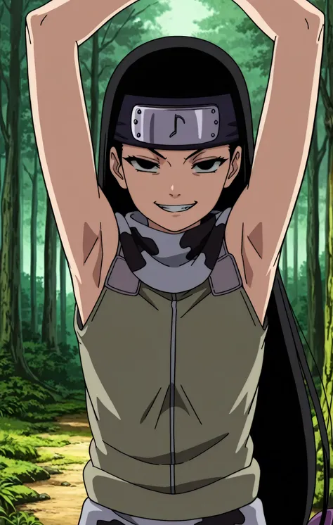 masterpiece, best quality, amazing quality, anime screencap, anime coloring, 1girl, solo, kt1, black hair, long hair, black eyes, hair bow, forehead protector, vest, sleeveless, scarf, arms up, raised arms, armpits, armpits focus, head towards viewer, look...