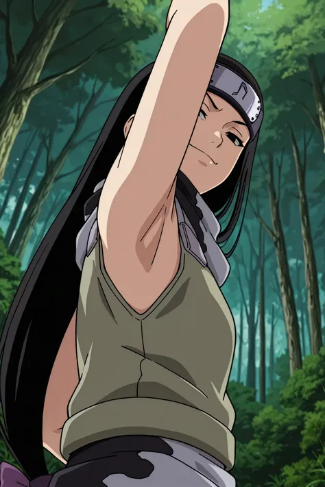 masterpiece, best quality, amazing quality, anime screencap, anime coloring, 1girl, solo, kt1, black hair, long hair, black eyes, hair bow, forehead protector, vest, sleeveless, scarf, arm up, raised arm, armpit, armpit focus, head towards viewer, looking ...