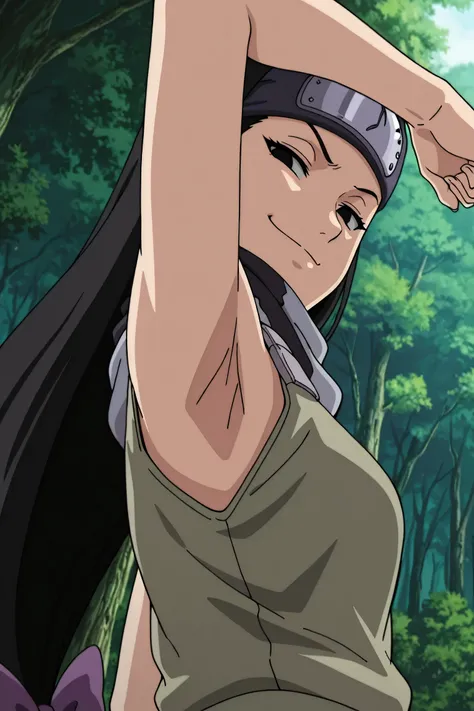 masterpiece, best quality, amazing quality, anime screencap, anime coloring, 1girl, solo, kt1, black hair, long hair, black eyes, hair bow, forehead protector, vest, sleeveless, scarf, arm up, raised arm, armpit, armpit focus, head towards viewer, looking ...