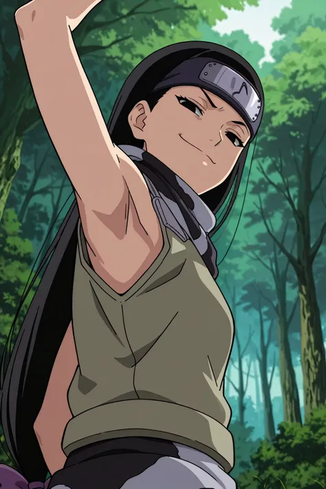masterpiece, best quality, amazing quality, anime screencap, anime coloring, 1girl, solo, kt1, black hair, long hair, black eyes, hair bow, forehead protector, vest, sleeveless, scarf, arm up, raised arm, armpit, armpit focus, head towards viewer, looking ...