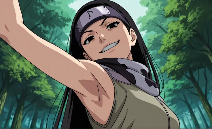 masterpiece, best quality, amazing quality, anime screencap, anime coloring, 1girl, solo, kt1, black hair, long hair, black eyes, forehead protector, vest, sleeveless, scarf, arm up, raised arm, armpit, armpit focus, head towards viewer, looking at viewer,...