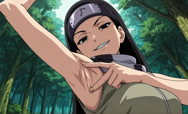 masterpiece, best quality, amazing quality, anime screencap, anime coloring, 1girl, solo, kt1, black hair, long hair, black eyes, forehead protector, vest, sleeveless, scarf, arm up, raised arm, armpit, armpit focus, head towards viewer, looking at viewer,...