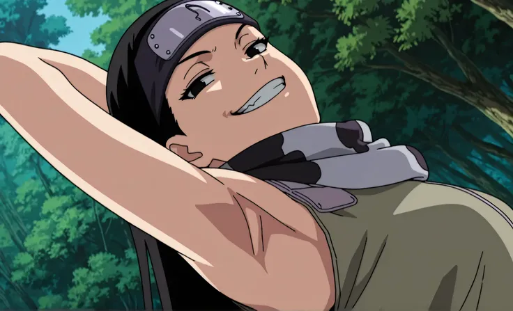 masterpiece, best quality, amazing quality, anime screencap, anime coloring, 1girl, solo, kt1, black hair, long hair, black eyes, forehead protector, vest, sleeveless, scarf, arm up, raised arm, armpit, armpit focus, head towards viewer, looking at viewer,...