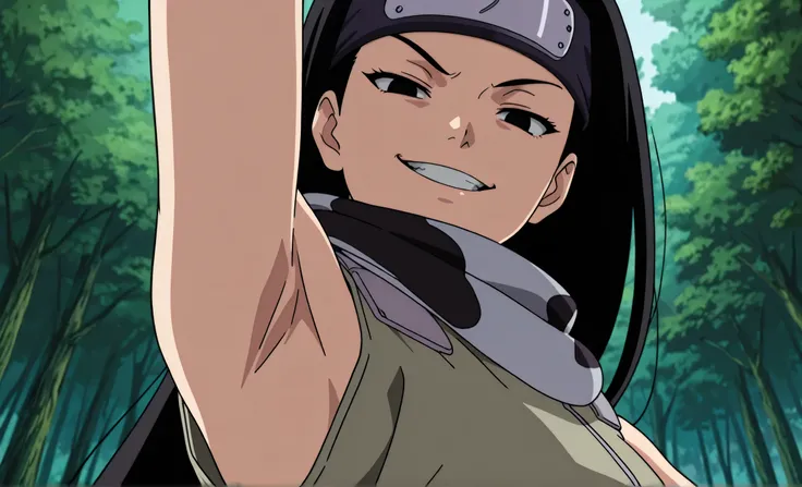 masterpiece, best quality, amazing quality, anime screencap, anime coloring, 1girl, solo, kt1, black hair, long hair, black eyes, forehead protector, vest, sleeveless, scarf, arm up, raised arm, armpit, armpit focus, head towards viewer, looking at viewer,...