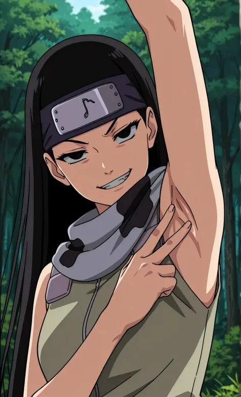 masterpiece, best quality, amazing quality, anime screencap, anime coloring, 1girl, solo, kt1, black hair, long hair, black eyes, forehead protector, vest, sleeveless, scarf, arm up, raised arm, armpit, armpit focus, head towards viewer, looking at viewer,...