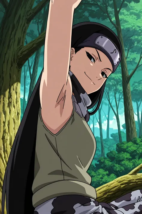 masterpiece, best quality, amazing quality, anime screencap, anime coloring, 1girl, solo, kt1, black hair, long hair, black eyes, forehead protector, vest, sleeveless, scarf, arm up, raised arm, armpit, armpit focus, head towards viewer, looking at viewer,...