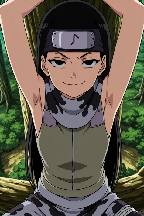 masterpiece, best quality, amazing quality, anime screencap, anime coloring, 1girl, solo, kt1, black hair, long hair, black eyes, forehead protector, vest, sleeveless, scarf, arms up, raised arms, armpits, armpits focus, head towards viewer, looking at vie...