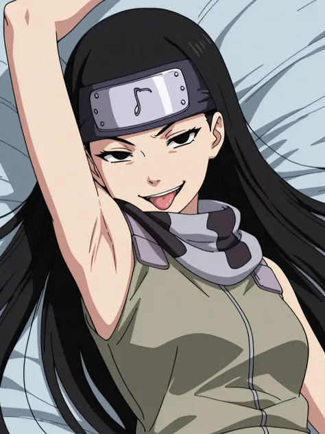 masterpiece, best quality, amazing quality, anime screencap, anime coloring, 1girl, solo, kt1, black hair, long hair, black eyes, forehead protector, vest, sleeveless, scarf, arm up, raised arm, armpit, armpit focus, head towards viewer, looking at viewer,...