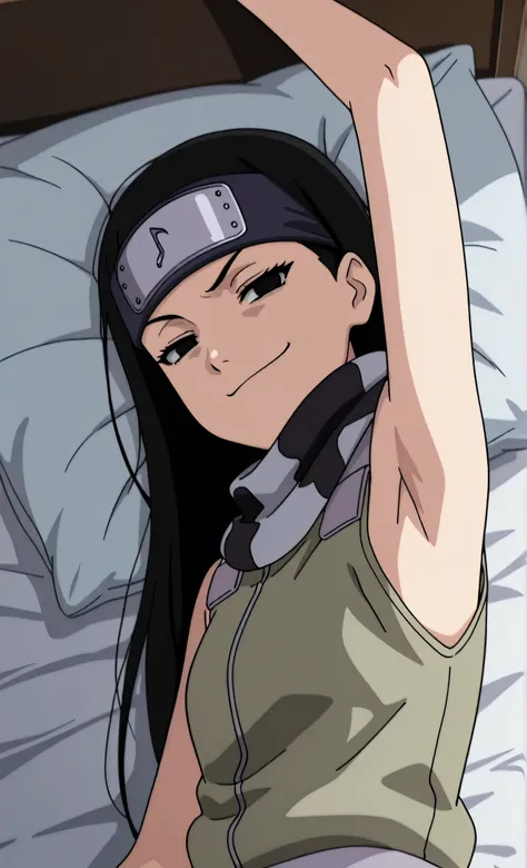 masterpiece, best quality, amazing quality, anime screencap, anime coloring, 1girl, solo, kt1, black hair, long hair, black eyes, forehead protector, vest, sleeveless, scarf, arm up, raised arm, armpit, armpit focus, head towards viewer, looking at viewer,...