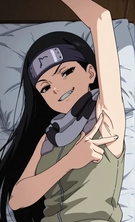 masterpiece, best quality, amazing quality, anime screencap, anime coloring, 1girl, solo, kt1, black hair, long hair, black eyes, forehead protector, vest, sleeveless, scarf, arm up, raised arm, armpit, armpit focus, head towards viewer, looking at viewer,...