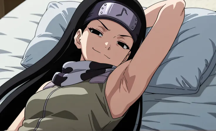 masterpiece, best quality, amazing quality, anime screencap, anime coloring, 1girl, solo, kt1, black hair, long hair, black eyes, forehead protector, vest, sleeveless, scarf, arm behind head, armpit, armpit focus, head towards viewer, looking at viewer, di...