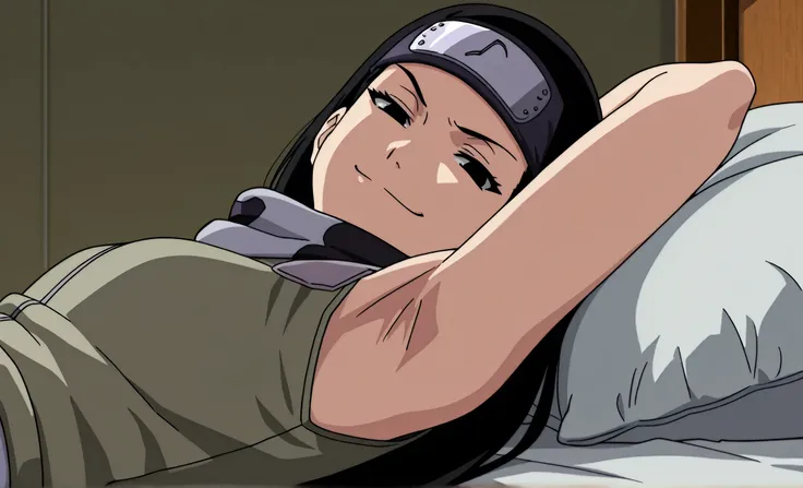 masterpiece, best quality, amazing quality, anime screencap, anime coloring, 1girl, solo, kt1, black hair, long hair, black eyes, forehead protector, vest, sleeveless, scarf, arm behind head, armpit, armpit focus, head towards viewer, looking at viewer, di...