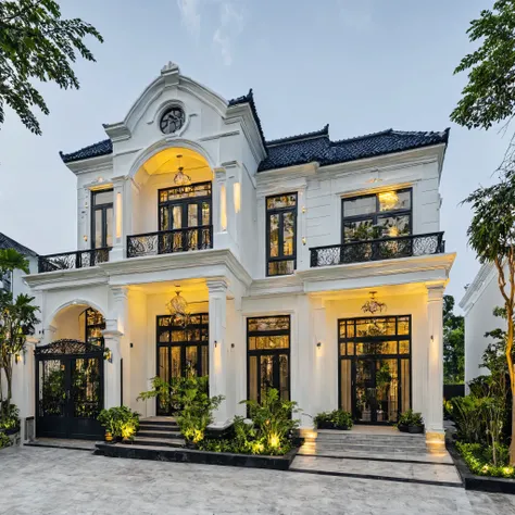 (masterpiece:1.2), best quality, photo of A two-story modern house in VietNam with white walls and dark tiles on the roof., tree and plant environment,daylight, streetcapes, natural light, vivid color, The exterior of an elegant single family home features...