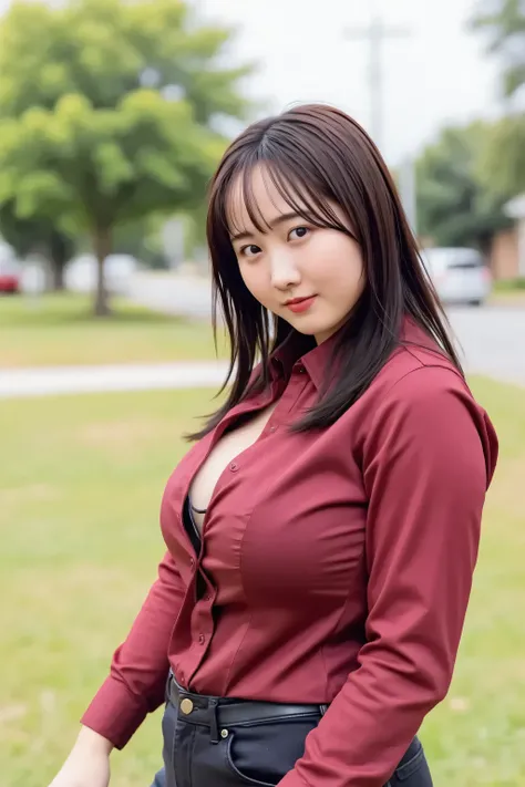 sat1nsh1rt, NSFW, 1 girl, (plump and curvy body : 1.8), (realistic sagging breasts : 1.8), (hanging breasts : 1.8), (breasts spaced apart : 1.6), (large breasts : 1.8), (wine red Satin shirt), standing pose, full-body shot, looking at the camera, photoreal...