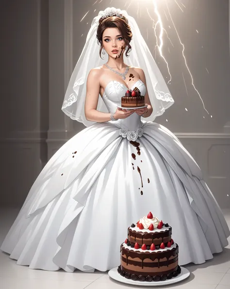 score_9, score_8_up, score_7_up,a picture of a extremely beautiful bride  having the wedding chocolate cake on her dress, a beautiful young woman, dynamic hair, elegant make up, wearing an exquisite elegant sexy wearing wedding dress, getting the cake smas...