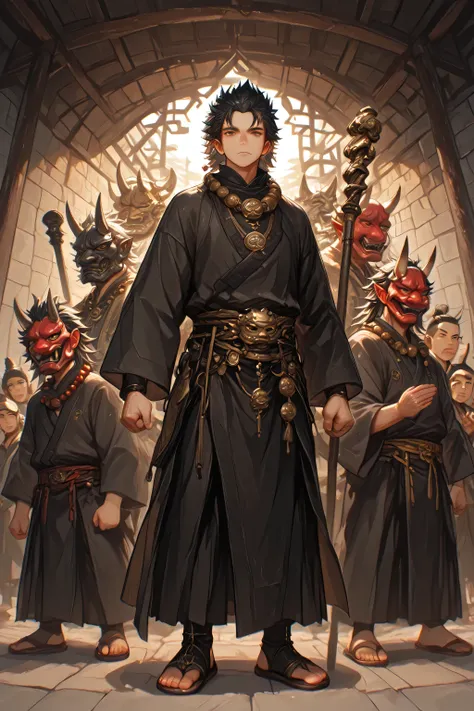 oni mask, shakujo staff, shaolin monk robes, sandals, prayer beads necklace, black hair, brown eyes, spiked hair, fantasy, dungeon and dragon