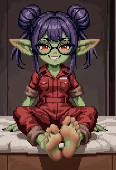 1girl, solo, Goblin Girl, shortstack, small, curvy figure, Thicc body, small breasts, engineer, fixer, maroon mechanic jumpsuit, grease monkey dirt spots, dark fingernails, cute, perky attitude, green skin, purple hair, double bun, side locks, pigtails, c...