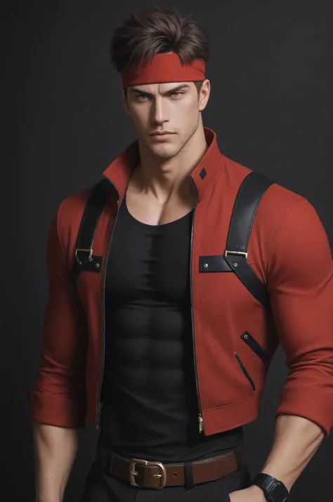 masterpiece, best quality, absurdres, newest, very aesthetic, amazing quality,highres, 1boy, male, Sol Badguy, brown hair, gold eyes, black vest, red jacket, belt, headband,ultra-detailed, intricate details 