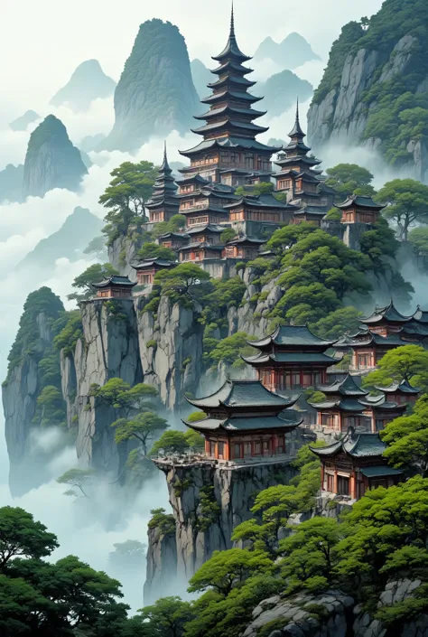 Magnificent ancient temple buildings on high mountain cliffs in vast mountains and towering in the forest of fairyland(Close-up view of beautiful wooden ancient temple architecture) Extraordinarily beautiful Chinese landscape surrounded by thick fog, Ether...