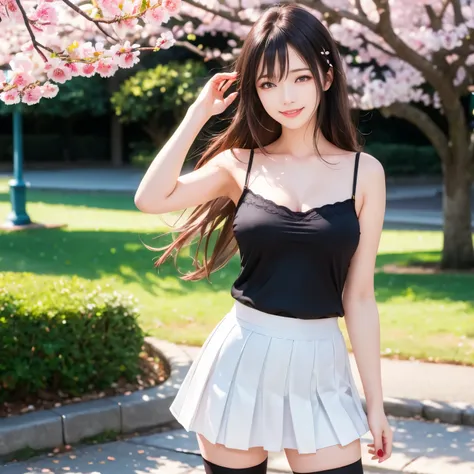 (masterpiece,best quality: 1.4),(8k,raw photo,photo realistic:1.2),shiny skin, detailed skin,detailed face,detailed eyes,Japanese idol,beautiful face,cherry blossom trees, under cherry blossom trees, one beautiful woman, beautiful Japanese woman, well-deve...