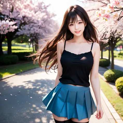 (masterpiece,best quality: 1.4),(8k,raw photo,photo realistic:1.2),shiny skin, detailed skin,detailed face,detailed eyes,Japanese idol,beautiful face,cherry blossom trees, under cherry blossom trees, one beautiful woman, beautiful Japanese woman, well-deve...