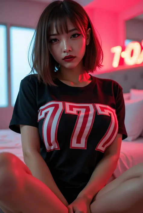Cinematic lighting makes it colorful.
Sitting on a bed.
Tight-fitting T-shirt with the number "777" written in bold red letters.
Bedroom.
Beautiful Japanese woman, staring at viewer.
Eyeshadows, upturned long eyeliner, bob hair.
Glamorous body, big breasts...