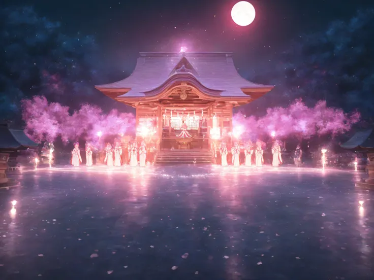 womanhood, pink hair, Shrine maiden, Kamiru bell, moonlight, shrine, Natural Light, Thinning, ceremony, mysterious, fantastic, Digital Art, High Quality, 4K, Precise Details , professional, vivid color