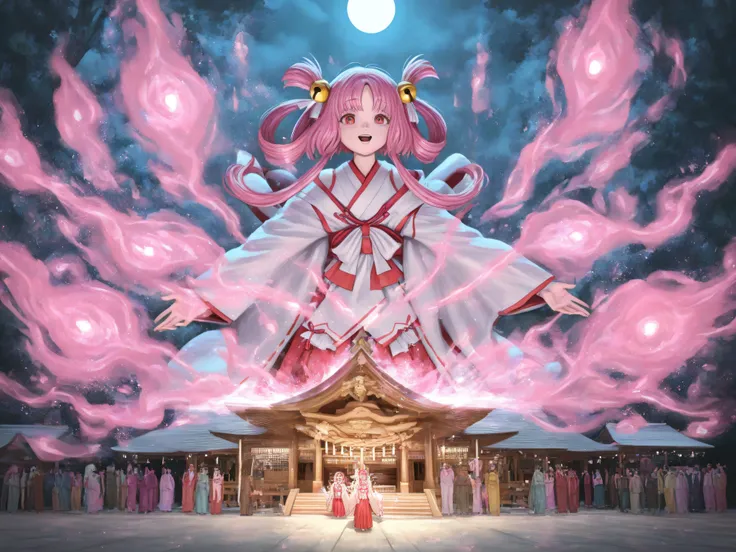 womanhood, pink hair, Shrine maiden, Kamiru bell, moonlight, shrine, Natural Light, Thinning, ceremony, mysterious, fantastic, Digital Art, High Quality, 4K, Precise Details , professional, vivid color
