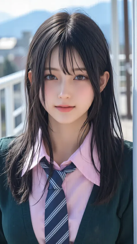 detailed portrait of the upper body of a young woman in a school uniform。wearing a pastel pink shirt, dark blue striped tie, and dark green cardigan. her long dark hair falling naturally on her shoulders、looking to the side with a smile. The background is ...