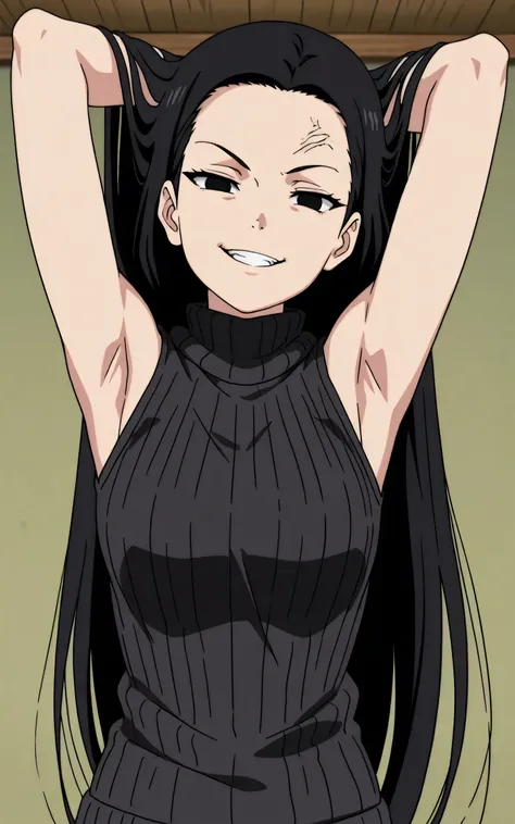 masterpiece, best quality, amazing quality, anime screencap, anime coloring, 1girl, solo, kt1, black hair, long hair, black eyes, forehead, black sweater, sleeveless sweater, ribbed sweater, turtleneck, arms behind head, armpits, armpits focus, head toward...