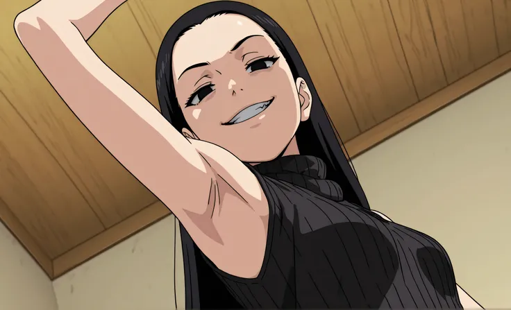 masterpiece, best quality, amazing quality, anime screencap, anime coloring, 1girl, solo, kt1, black hair, long hair, black eyes, small breasts, forehead, black sweater, sleeveless sweater, ribbed sweater, turtleneck, arm up, raised arm, armpit, armpit foc...