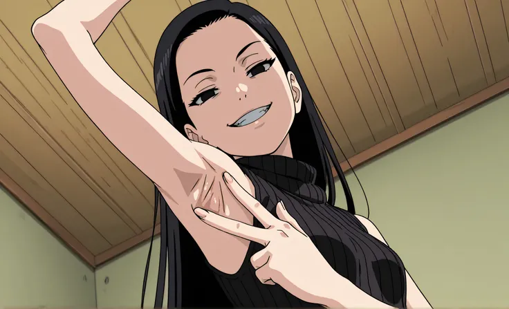 masterpiece, best quality, amazing quality, anime screencap, anime coloring, 1girl, solo, kt1, black hair, long hair, black eyes, small breasts, forehead, black sweater, sleeveless sweater, ribbed sweater, turtleneck, arm up, raised arm, armpit, armpit foc...