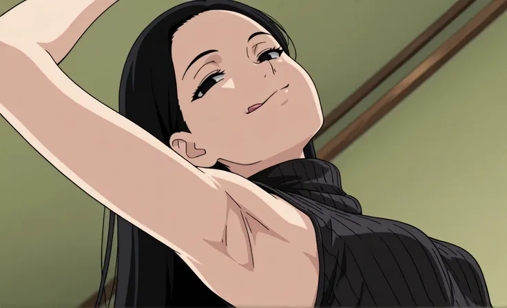 masterpiece, best quality, amazing quality, anime screencap, anime coloring, 1girl, solo, kt1, black hair, long hair, black eyes, small breasts, forehead, black sweater, sleeveless sweater, ribbed sweater, turtleneck, arm up, raised arm, armpit, armpit foc...