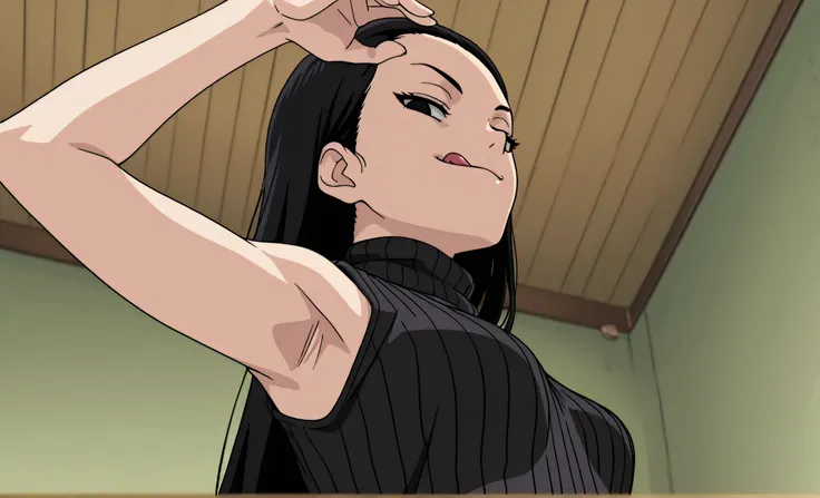 masterpiece, best quality, amazing quality, anime screencap, anime coloring, 1girl, solo, kt1, black hair, long hair, black eyes, small breasts, forehead, black sweater, sleeveless sweater, ribbed sweater, turtleneck, arm up, raised arm, armpit, armpit foc...