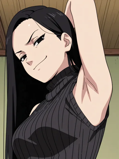 masterpiece, best quality, amazing quality, anime screencap, anime coloring, 1girl, solo, kt1, black hair, long hair, black eyes, forehead, black sweater, sleeveless sweater, ribbed sweater, turtleneck, arm behind head, armpit, armpit focus, head towards v...