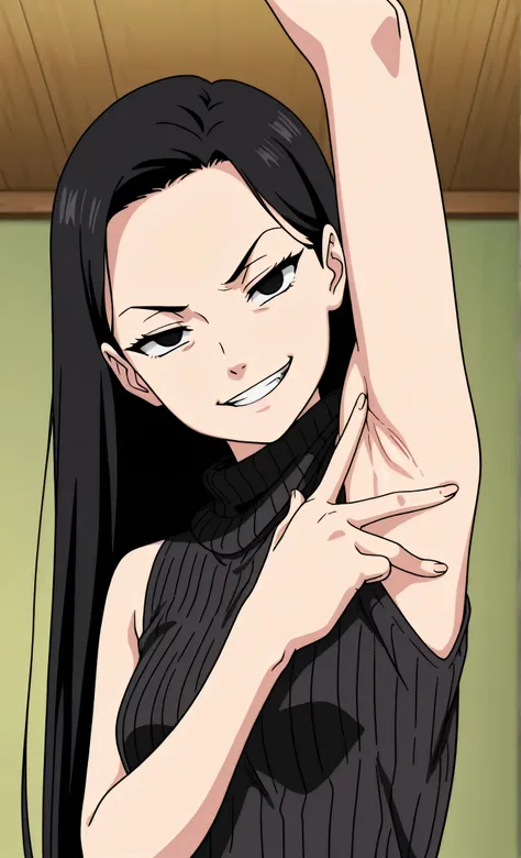 masterpiece, best quality, amazing quality, anime screencap, anime coloring, 1girl, solo, kt1, black hair, long hair, black eyes, small breasts, forehead, black sweater, sleeveless sweater, ribbed sweater, turtleneck, arm up, raised arm, armpit, armpit foc...