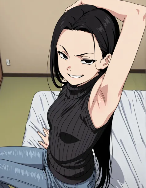 masterpiece, best quality, amazing quality, anime screencap, anime coloring, 1girl, solo, kt1, black hair, long hair, black eyes, small breasts, forehead, black sweater, sleeveless sweater, ribbed sweater, turtleneck, arm on head, armpit, armpit focus, hea...