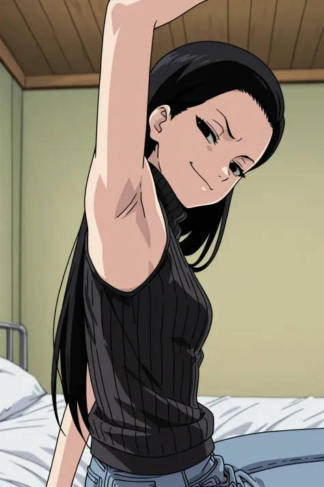 masterpiece, best quality, amazing quality, anime screencap, anime coloring, 1girl, solo, kt1, black hair, long hair, black eyes, small breasts, forehead, black sweater, sleeveless sweater, ribbed sweater, turtleneck, arm up, raised arm, armpit, armpit foc...